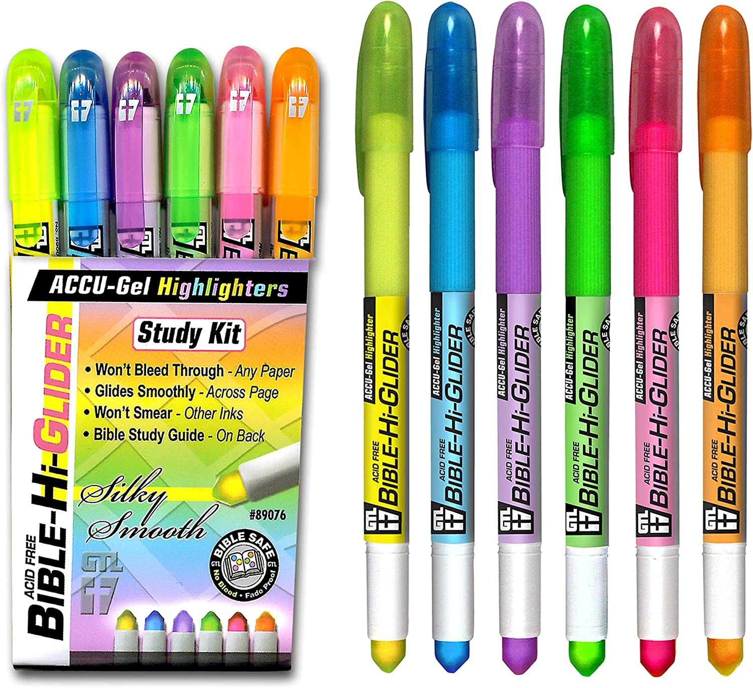6 Pack Bible Gel Highlighters Assorted Colors, 6 Different Bright Highlight Colors Yellow, Orange, Pink, Purple, Green, Blue - Multicolor No Bleed
